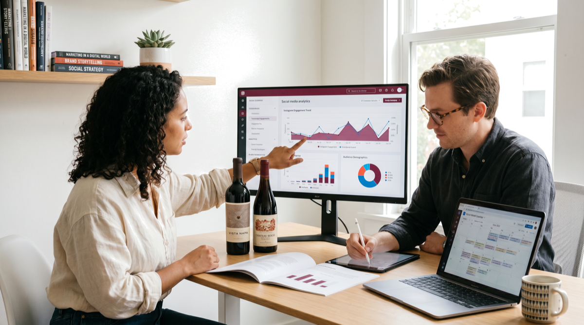 WineConX team reviewing wine brand social media analytics and influencer campaign results