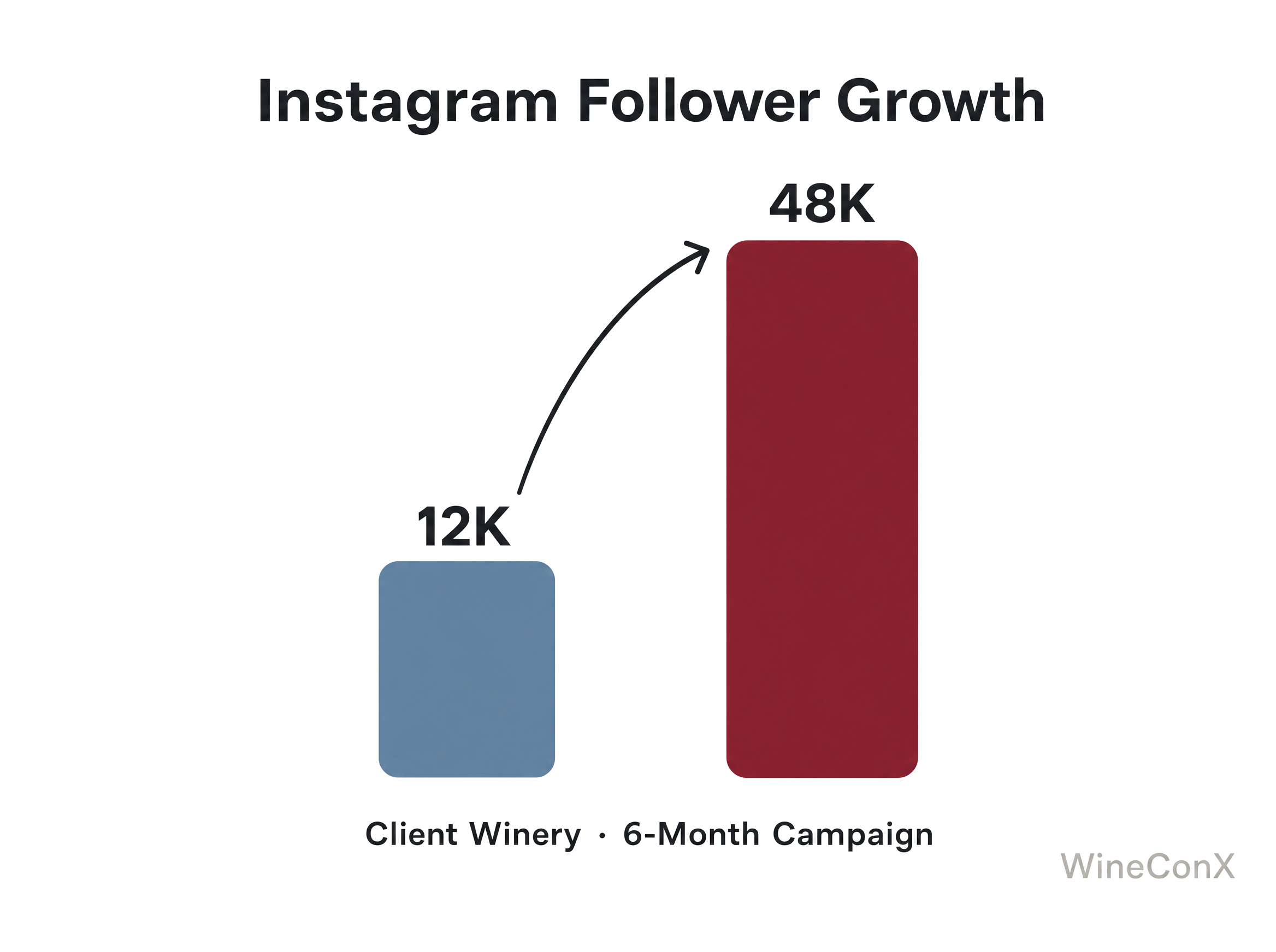 Chart showing German winery Instagram follower growth from 12,000 to 48,000 over 6 months using WineConX community engagement