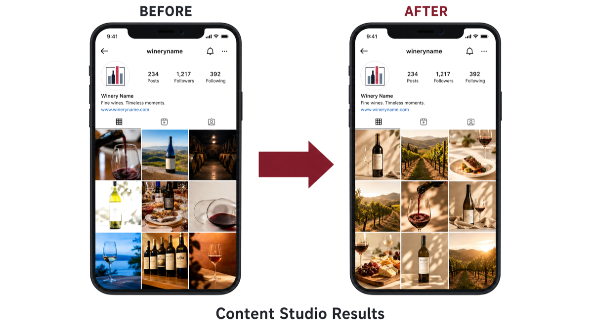 Before and after comparison of a winery Instagram grid managed by WineConX Content Studio showing improved visual consistency and engagement